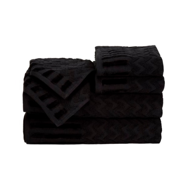 6-Piece Cotton Deluxe Plush Bath Towel Set, Chevron Pattern Spa Luxury Decorative Towels (Black)